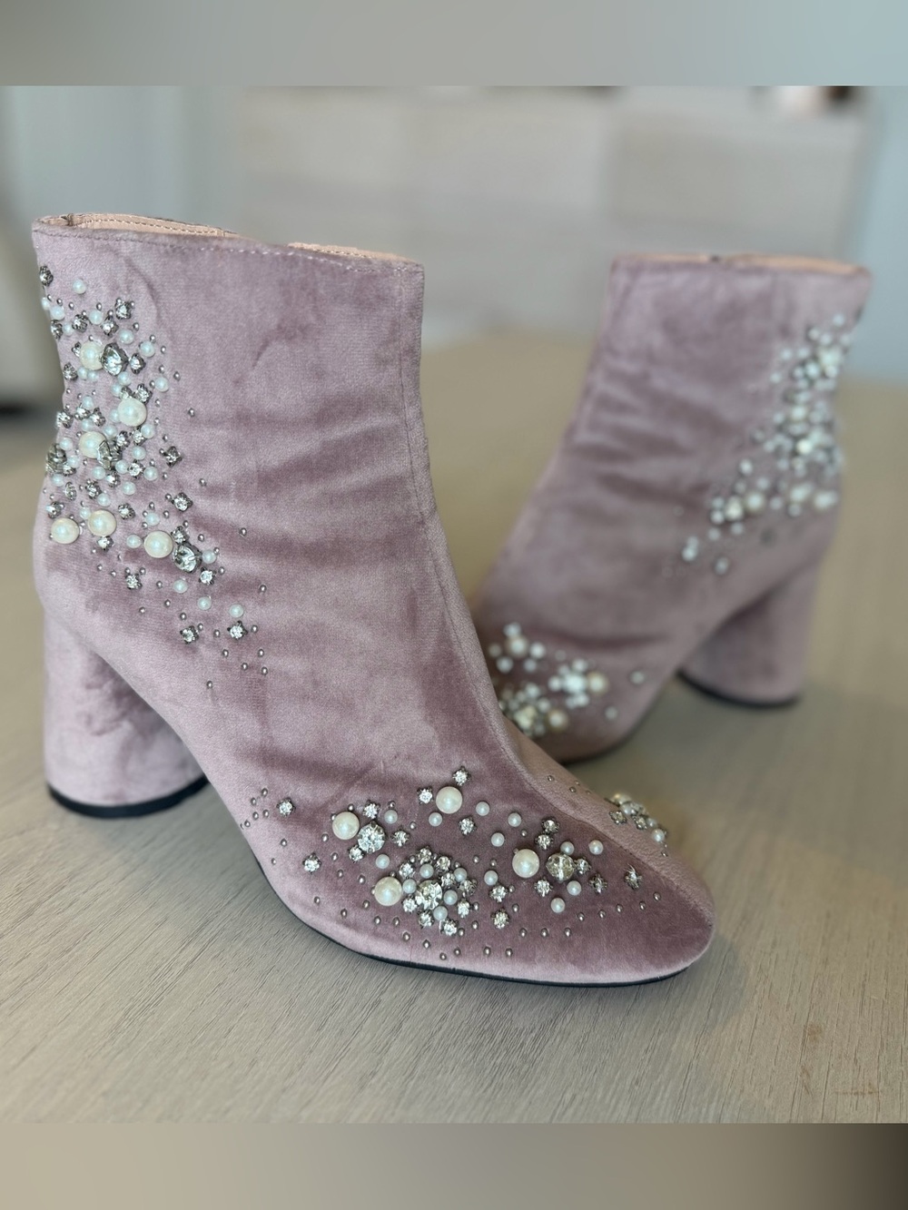 Zara Purple Velvet Embellished Heeled Ankle Boots